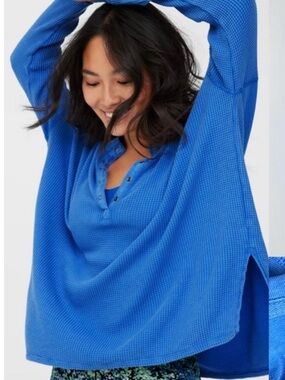 aerie Waffle Henley Sweatshirt in Bright Blue